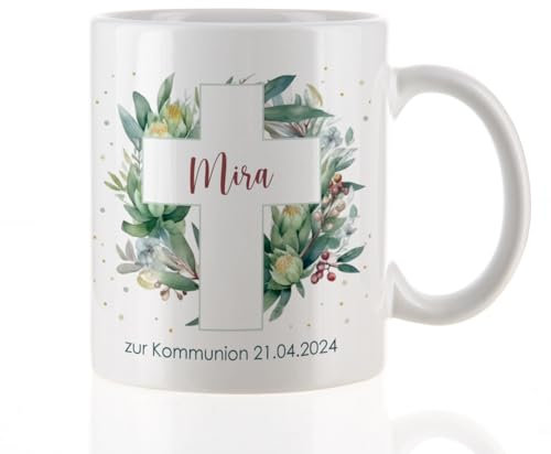 Striefchen® Keramiktasse zu Kommunion, Konfirmation oder Taufe, personalisiert, Motivauswahl (Blätterkreuz)