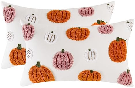 Tosleo 2 Stück Halloween Kissenbezug 30 x 50 cm Stickerei Tufting Orange Rosa Kürbis Thanksgiving Dekoration Sofakissen für Wohnzimmer Sofa Garten Schlafzimmer Outdoor Zierkissen Couchkissen