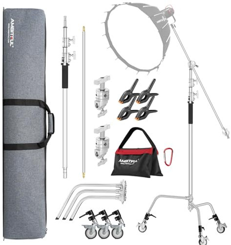 AMBITFUL Stainless Steel Heavy Duty C Stand, 150-320 cm, Ajustable con Ruedas para reflectores, softbox, monolight, Brazo Resistente (AMBITFUL C-Stand Kit + Bolsa + Wheels)