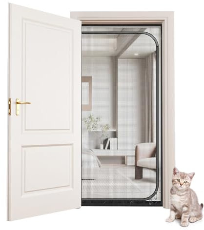 Cat Screen Door Partition Mesh Cat Door Screen with Zipper, Heavy Duty Pets Proof Screen Door Prevent Dogs Cats Running Out from Home 90 x 200cm, black