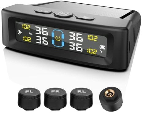 KAOLALI Sistema de monitoreo de presión de neumáticos TPMS Solar Wireless Monitor de presión de neumáticos con 4 sensores externos, visualización en tiempo real, presión de temperatura, 5 bares, carga