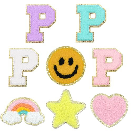 YRAKOZIN 8 Stück selbstklebende bestickte Chenille-Buchstaben-Aufnäher, inklusive 4 A-Z Varsity-Buchstaben, Stern, Herz, Smiley-Gesicht, Regenbögen, Aufkleber, für Rucksäcke, Hüte, Kleidung, Schuhe