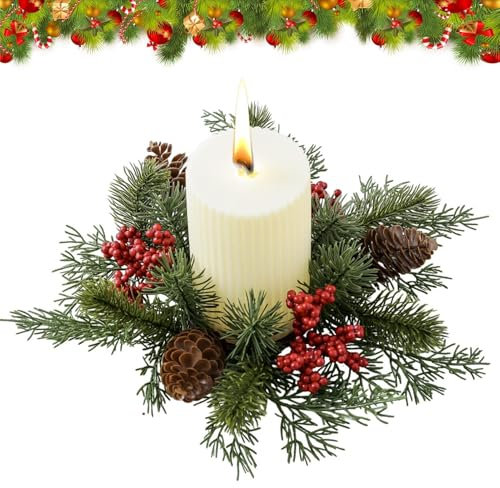 Fukamou Weihnachts-Stumpenkerzenringe, Weihnachtskerzenkränze, Künstliche -Kranzkerzenringe, Stumpenkerzen-, Tischdekoration, Rote Beeren, Tannenzapfen, Kerzenkranz, Weihnachtsdekoration