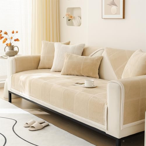 LINGKY Sofa Überzug, Samt Sofabezug 1/2/3/4 Sitzer, Sofaschoner rutschfest, Couch überzug L Form Sofaüberwurfe, Neue Universelle Sofa Sitzkissenbezug, Waschbar Couchbezug (Beige,70x210cm)