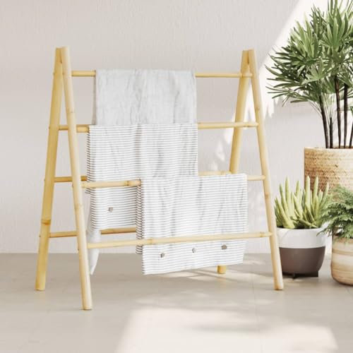 Homgoday Ladder Towel Rail Double with 4 Steps Bamboo 90 x 50 x 100 cm Towel Racks