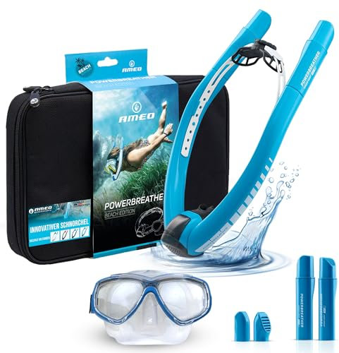 AMEO POWERBREATHER Beach Plus- FRISCH-Luft Schnorchel - Trainingsgerät für Becken und Freiwasser für Erwachsene und Kinder - Schnorchelset mit intelligentem Ventilsystem und 100% trockener Atemluft