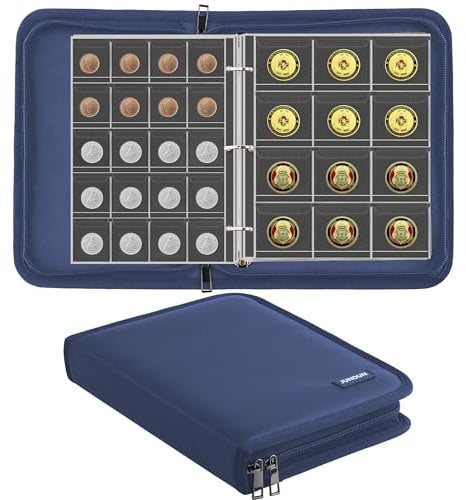 JUNDUN Feuerfestes Münzsammelalbum für Sammler, 260 Taschen Münzsammelbuch mit Reißverschlüsse, Münzsammelorganisator Aufbewahrungsbox Album für 20/25/27/30/38mm Münzen (Blau)