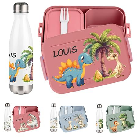 wolga-kreativ Pausenset personalisierte Brotdose und Trinkflasche Thermo Kinder Edelstahl mit Dinosaurier Motiven Lunchbox mit Fächern und Unterteilung für Schule und Kindergarten