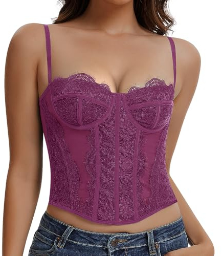 Werkiss Lace Boned Corset Top for Women Going Out Bustier Corset Top with Straps Sexy Overbust Corsets Push Up Crop Tops
