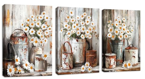 3 Pcs Rustikales Gänseblümchen Leinwandbilder Bilder Set mit Rahmen, Weinlese Bauernhaus Weiß Floral Wandbilder Schlafzimmer Bild Auf Leinwand Kunstdruck Deko für Wohnzimmer zum Aufhängen 30x40cmx3