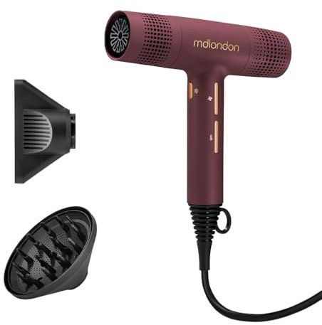 mdlondon Blow Hair Dryer – New & Improved 1600W Hairdryer with Diffuser, Directional Nozzle and Cool Shot – Ultra-Light, Quiet & Powerful Blow Dryer for Straight, Fine, Thick or Curly Hair – Berry