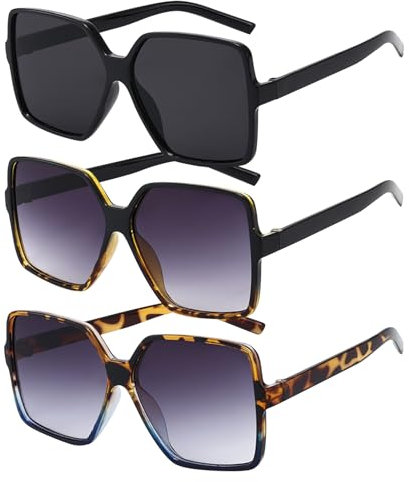 TYXHXTF 3 Pcs Sonnenbrille Damen Schwarze Polarisiert mit UV-Schutz Retro Elegant Übergroße für Sonnenbrille Groß Damen Schwarz UV400 Sonnenbrillen Klassisch Vintage Brille mit Oversize Großer Rahmen