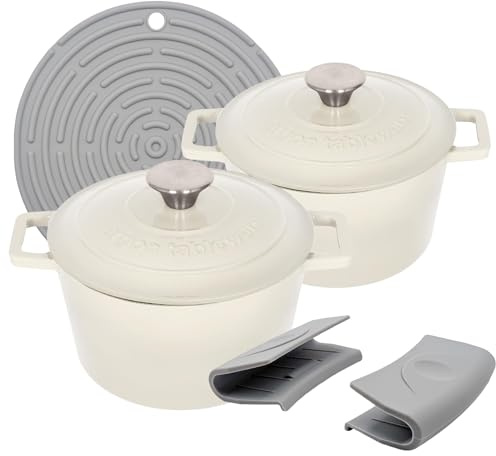 Argon Tableware Round Cast Iron Casserole Dishes with Self-Basting Lid - 2.8L - Pebble Gloss - 2x Induction Hob Cooking Dutch Oven Bread Baking Serving Roasting Stew Stock Pot Cookware Pan