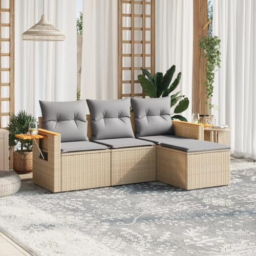 JHQHSM 4-TLG. Garten-Sofagarnitur mit Kissen Beige Poly Rattan, Modulares PE-Rattan Sofa mit Ablagen und waschbaren Bezügen für Terrasse