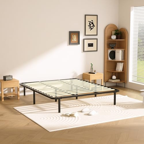 TEENO Sommier 140x190 avec Sommier Wood, Cadre en Métal, Cadre & Tête de Lit 2 Personnes en Métal, Cadre de Lit 140 x 190,Hauteur 26 cm pour Rangement, Moderne, Montage Facile, Noir