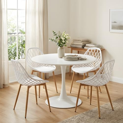 DazzlerE Balkonmöbel Set für Kleinen Balkon Möbel für Kleinen Balkon, Gartenstühle für Garten, Terrasse, Weiß Tisch (Ø 100 cm) + 4 Weiß Stühle