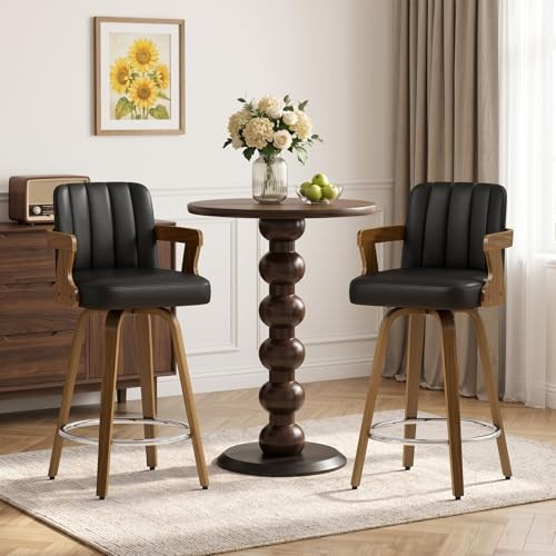 WOOW DEPOT Barhocker 2er Set, drehbar, 65 cm Sitzhöhe, mit Armlehne, gepolstert aus PU-Leder, Gebogene Massivholzbeine, Küchenhocker im Mid-Century Design für Insel & Theke (Schwarz, 2 Stück)