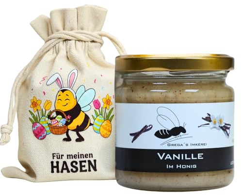 Grega's Imkerei - Honig Geschenkset im Leinensäckchen Für meinen Hasen | 250g Honigspezialität nach Wahl | Ideales Ostergeschenk & Osternest-Füllung | Vom Imker (Vanille im Honig 250g)