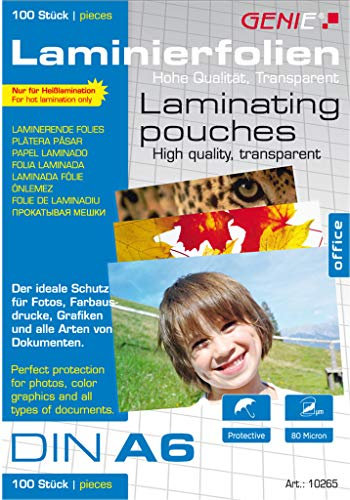 Genie 10265 Laminierfolien (Glasklar; 80 Mikron für Formate bis zu DIN A6; geeignet für alle Heißlaminiergeräte) 100er Pack