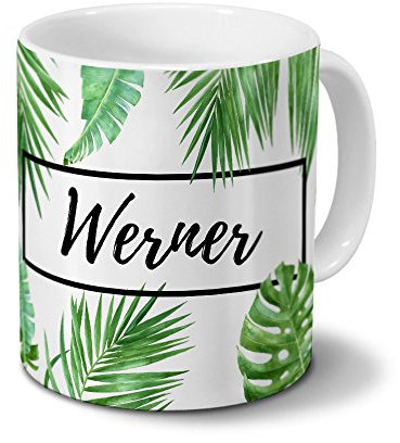 printplanet Tasse mit Namen Werner - Motiv Dschungel Floral Leaf - Namenstasse, Kaffeebecher, Mug, Becher, Kaffeetasse - Farbe Weiß