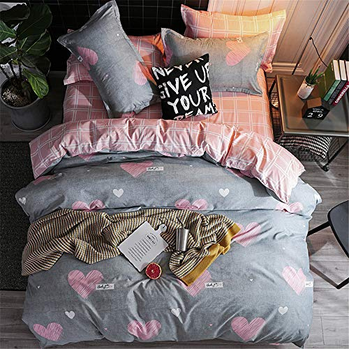FANSU Set Copripiumino Una Piazza e Mezza 200x200 cm - Parure Copripiumone Letto in Microfibra 4 Pezzi con 1 Lenzuola piano e 2 Federe, Reversibile con Cerniera - Cuori Rosa/Grigio