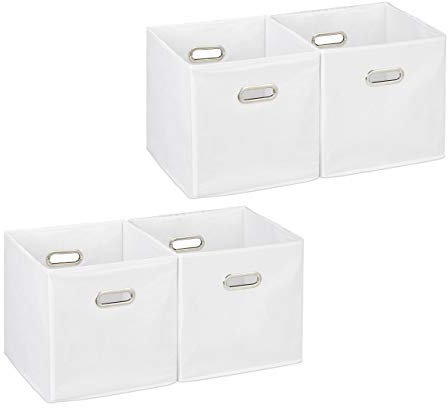 4 x Aufbewahrungsbox, Regalkorb ohne Deckel, Faltkiste mit Griff, Regalbox faltbar, Stoffbox quadratisch, 30 cm, weiß