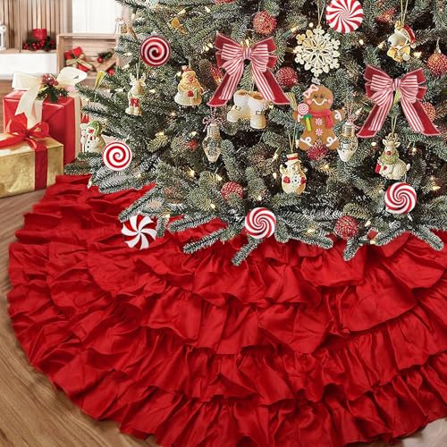 Weihnachtsbaumdecke Baumdecke Weihnachtsbaum 122 cm, Rot Weihnachtsbaumrock mit Rüschen, 6-Schicht Flauschig Tannenbaum Decke für Weihnachtsbaum künstlich Weihnachtsbaumschmuck Weihnachtsdekorationen