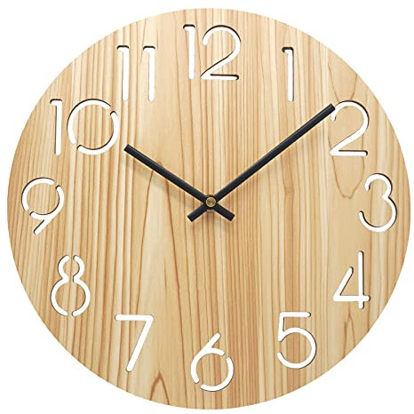 Vihimi 12 Zoll Holz Wanduhr, Ahorn Holz Kornuhr, Nicht Tickende Stille Quarz Dekorative Uhr, Einfache Große Anzahl Runde Uhr