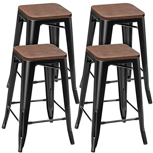 COSTWAY 4er Set Barhocker stapelbar, Barstuhl Vintage, Tresenhocker mit Fußstütze, Bistrohocker bis 150kg belastbar, Sitzhocker, Küchenhocker, Arbeitshocker, Hocker für Zuhause, Bistro, Esszimmer