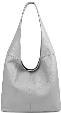 OBC Made in Italy Damen Leder Tasche Shopper Schultertasche Umhängetasche Handtasche Beuteltasche Hobo Bag Ledertasche Nappaleder (Hellgrau)