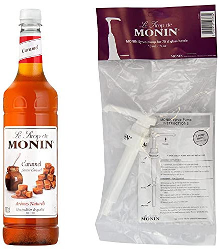 MONIN Premium Caramel Syrup 1 L & 10 ml Pump for 70 cl MONIN Premium Syrup Bottles