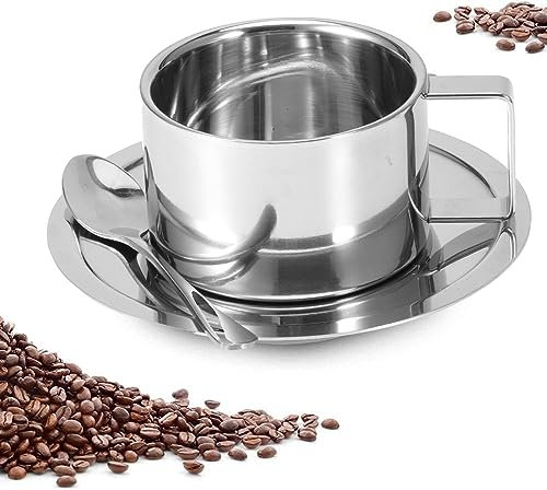 Fyearfly Edelstahl Kaffeetassen Set, Kaffeetassen mit Löffel und Untertasse, 3Pcs/Set Edelstahl Kaffeetasse mit Löffel und Untertasse Doppelwandige Kaffeetasse Set für Kaffee Latte Cappuccino