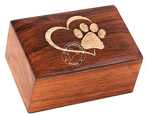 Hind Handicrafts Haustierurne mit Pfoten-Gravur, Palisanderholz, für Hunde und Katzen, Erinnerungsurne für Asche, Foto-Holzbox, 100 Kubiken, Herz – Weiß