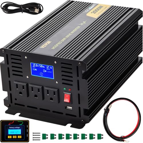 VEVOR Onduleur à Onde Sinusoïdale Modifiée, 2000 W, Onduleur CC 12 V à CA 120 V avec Prises CA, Écran LCD, Télécommande, Indicateur LED, pour Camion, Camping-Car, Voiture, Bateau, Voyage, Camping