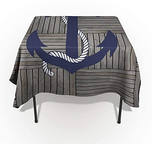 Wachstischdecke Nautischer Anker Mit Seil Rustikale Holzmaserung Splashmat Bunt Garten Tischdecke Waschbare Tischdecke Für Garten, Picknick, Ornamente, 137X183Cm