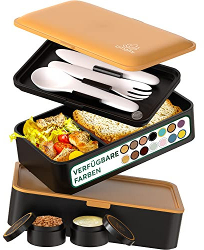 Umami Lunchbox Erwachsene, Auslaufsichere Bento Box mit Fächern und 4 Bestecke, Brotdose Erwachsene, Salatbehälter To-Go, Lunch Box für Picknick/Büro, Black and Gold, 1200 ml