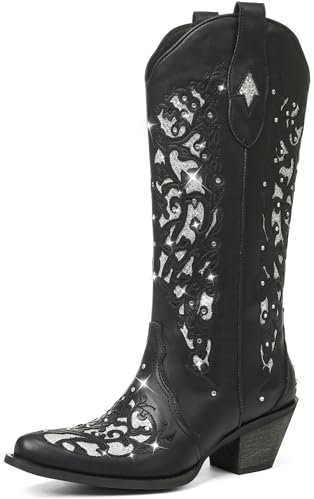 SaraIris Stivali da cowboy da donna, stivali da cowgirl, stivali western, tacco grosso, punta a punta, con strass ricamati, stivali alti al ginocchio a metà polpaccio, 1 nero, 7
