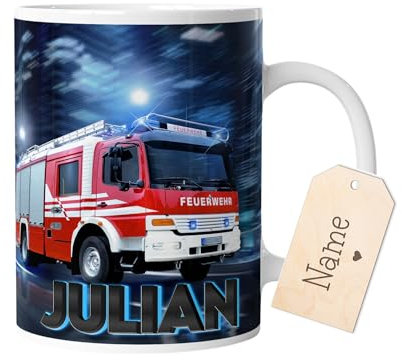 timalo® Tasse Motiv Feuerwehrauto mit Namen bedrucken lassen | Individuelle Kindertasse mit Feuerwehr und Wunschname für Kinder Jungen | mug-child-6