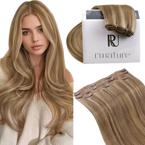 RUNATURE Clip in Extensions Echthaar Braun Blond 35cm 3pcs 60g #10P16 | Clip in Extensions Echthaar–hitzebeständig, Remy, geschmeidig, kein Haarausfall. Für langanhaltendes Volumen.