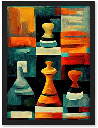 Doppelganger33 LTD Chess Board And Pieces Modern Abstract Oil Artwork Framed Wall Art Print A4