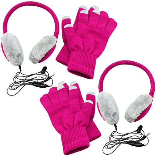com-four® 4-teiliges Set Kopfhörer mit Touchscreen-Handschuhen, in den tollen Farben pink/grau, integriertes Mikrofon und 3,5 mm Klinke Audio Anschluss (04-teilig)