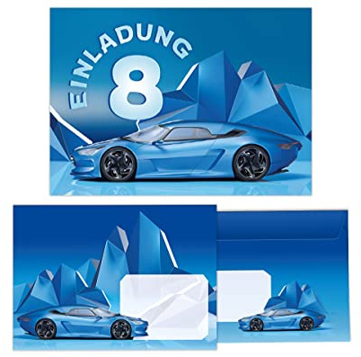 Junapack 12 Einladungskarten incl. 12 Umschläge zum 8. Kindergeburtstag achte Geburtstag Jungen Rennauto Rennwagen
