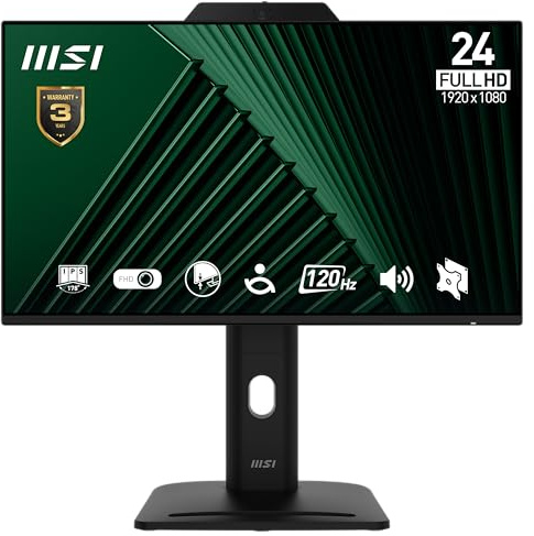 MSI PRO MP242PMG 23.8 Inch Full HD Office Monitor - 1920 x 1080 IPS Panel, 120Hz, Built- in camera, Eye-Friendly Screen, VESA, Display Kit Support, 4-Way Adjustable - HDMI, DisplayPort, D-Sub (VGA)