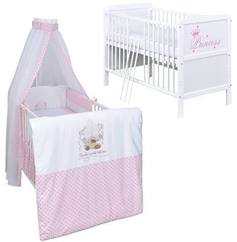 Baby Delux Babybett Komplett Set Kinderbett umbaubar zum Juniorbett weiß 140x70 Princess Bettwäsche mehrteilig (Twinkle Star Rosa)