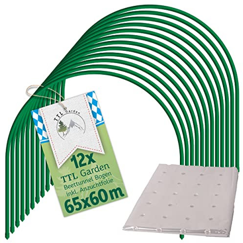 TTL Garden 12x 65x60cm Tunnelbögen mit PE Folie gelocht - 12 x Folientunnel Bögen 65 cm breit Stahl beschichtet Rund Bogen für Abdeckung Frühbeet Hochbeet Gemüsebeet + PE Lochfolie 10 x 2 m