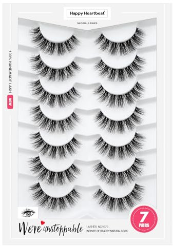 5D Fluffy Mink Eyelashes 14mm Natural Clear Band Lashes Soft Faux Mink Lashes Wispy Fake Eyelashes Short Cross Reusable False EyeLashes 7 Pairs-Happy Heartbeat(No.202)