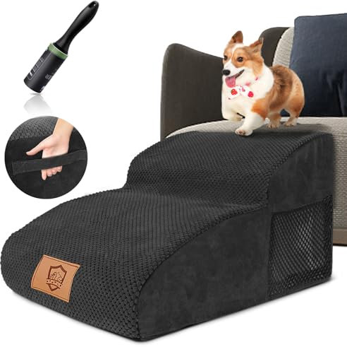 Hundetreppe für Kleine Hunde, HEVOL Haustiertreppe 2 Stufen, Hunderampe aus Hochdichtem Schwamm mit Abnehmbarem Bezug, rutschfeste Hunde Treppen Katzentreppe für Bett und Sofa, 55X40X30cm
