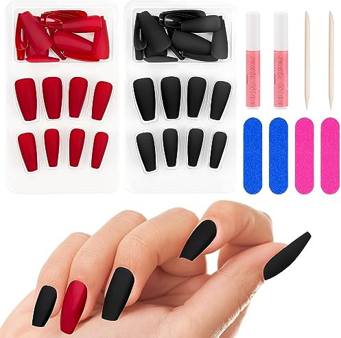 Kiiwah 48 Pcs Lange Nägel zum Aufkleben, Matte Press on Nails, Künstliche Nägel, Fingernägel zum Aufkleben für Damen Christmas Halloween (Rot & Schwarz)