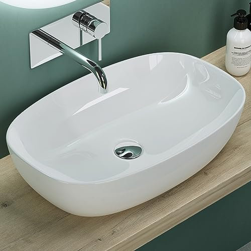 Mai & Mai Lavabo sobre Encimera Baño Lavabo | Ovalado | Blanco Brillante | Cerámica | 60x40x14cm | sin Orificio para Grifo | Brüssel104