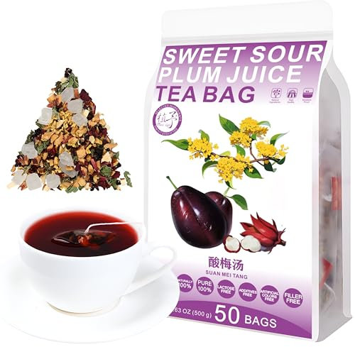 Plant Gift 50 CUPS Sweet Sour Plum Juice Tea Bag (酸梅汤 SUAN MEI TANG) Osmanthus, roselle, hawthorn, orange peel, licorice, mulberry 17.6oz (10g*50bags/500G) Mixed herbal combination of flower tea